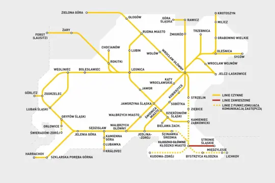 Mapa kolejowa Dolnego Śląska z zaznaczonymi liniami czynnymi i zawieszonymi. Widać m.in. Wrocław, Legnicę, Wałbrzych i Jelenia Górę.