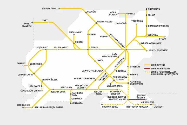 Mapa kolejowa Dolnego Śląska z zaznaczonymi liniami czynnymi i zawieszonymi. Widać m.in. Wrocław, Legnicę, Wałbrzych i Jelenia Górę.
