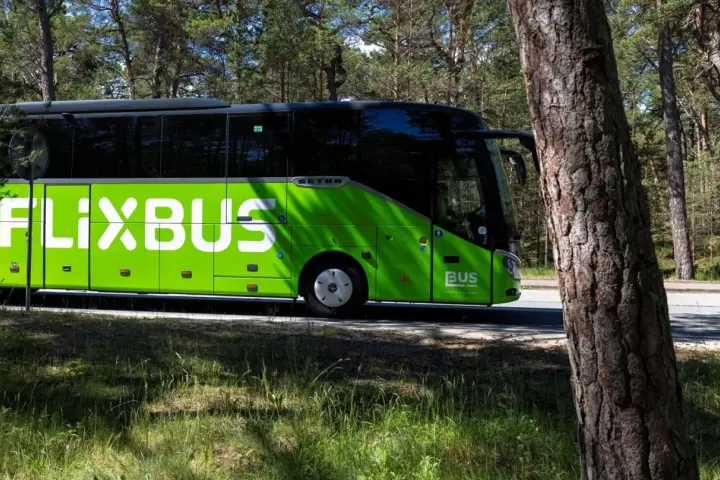 Zielony autobus FlixBus jedzie drogą przez las. Może to być trasa Skarżysko-Kielce.