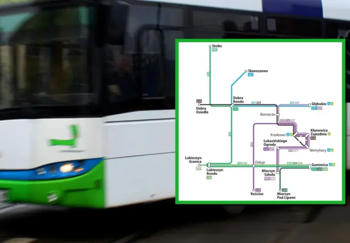 Schemat linii tramwajowych w Szczecinie, w tym linia 58. Widoczny tramwaj w ruchu.