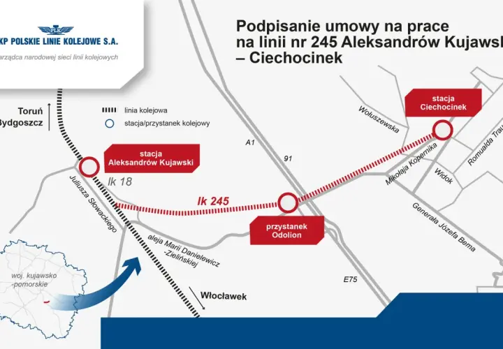 Mapa przedstawia przebieg linii kolejowej nr 245 między Aleksandrowem Kujawskim a Ciechocinkiem, z zaznaczonymi stacjami i przystankami.