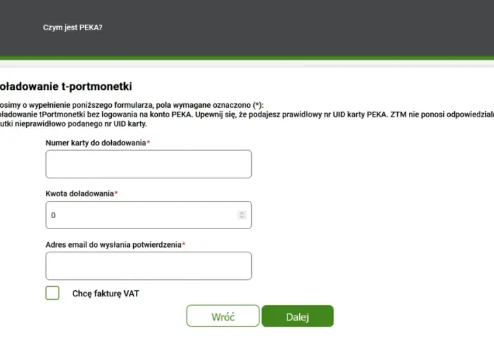 Formularz doładowania karty PEKA. Wpisz numer karty, kwotę i email, aby doładować t-portmonetkę.