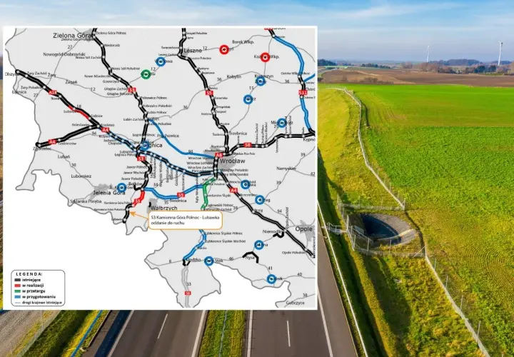 Mapa drogowa Dolnego Śląska z zaznaczoną trasą S3, w tym odcinkiem Kamienna Góra Północ - Lubawka. W tle krajobraz z wiatrakami.
