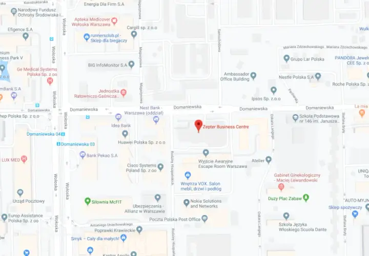 Mapa z zaznaczonym budynkiem Zepter Business Centre i okolicznymi ulicami.