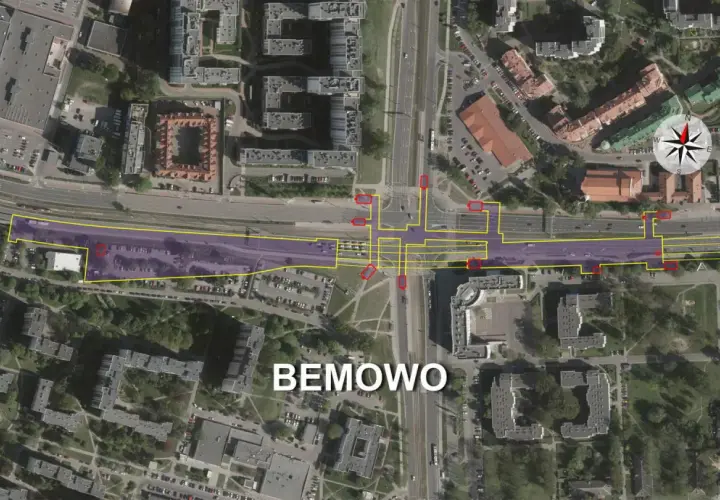 Widok z lotu ptaka na Bemowo z zaznaczonym obszarem metra, skrzyżowaniami i budynkami.