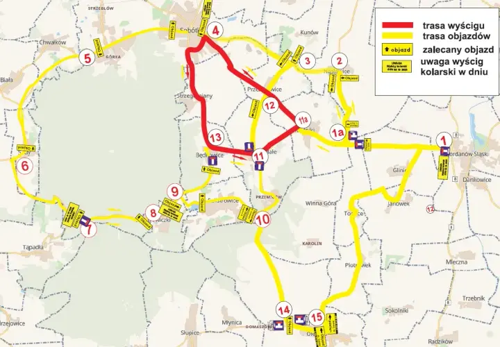 Mapa z trasą wyścigu kolarskiego i objazdami. Nowa osuchowa dojazd zaznaczona żółtą linią, z numerowanymi punktami i tabliczkami "Objazd".