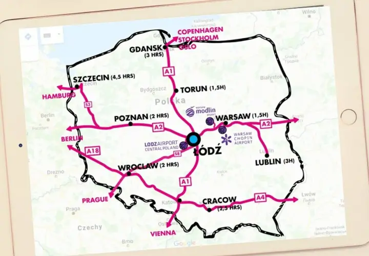Mapa Polski z zaznaczonymi trasami i czasami dojazdu. Centralnym punktem jest Łódź, połączona z Warszawą, Poznaniem, Wrocławiem, Krakowem, Lublinem, Gdańskiem, Szczecinem, Berlinem, Hamburgiem, Pragą i Wiedniem.