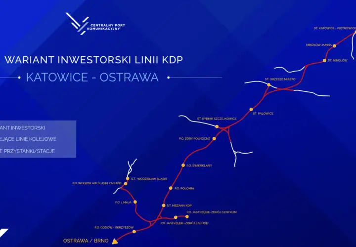 Mapa inwestycji kolejowej: wariant Katowice - Ostrawa. Czerwona linia to nowa trasa, białe linie to istniejące tory. Żółte kółka oznaczają nowe stacje.