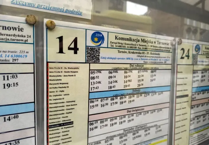 Rozkład jazdy autobusu linii 14 w Tarnowie z godzinami odjazdów i nazwami przystanków.