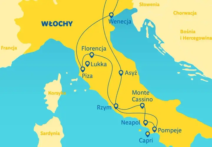 Mapa Włoch z zaznaczonymi miastami: Wenecja, Florencja, Piza, Rzym, Neapol. Trasa autokarem do Włoch obejmuje te malownicze miejsca.