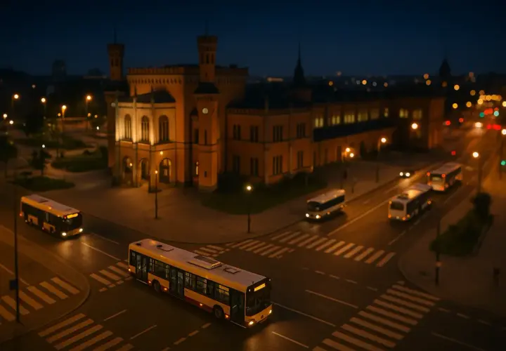 Nocne autobusy we Wrocławiu przemierzają puste ulice. W tle oświetlony zabytkowy budynek.