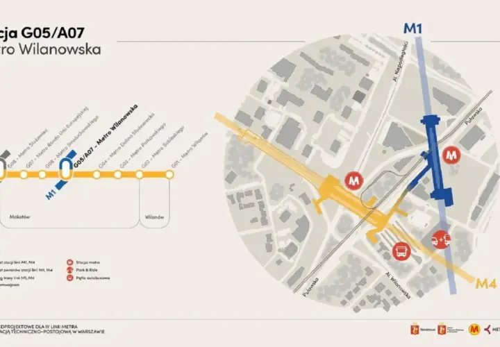 Mapa przedstawia przebieg linii **metro M1** i M4, ze szczególnym uwzględnieniem stacji Metro Wilanowska.