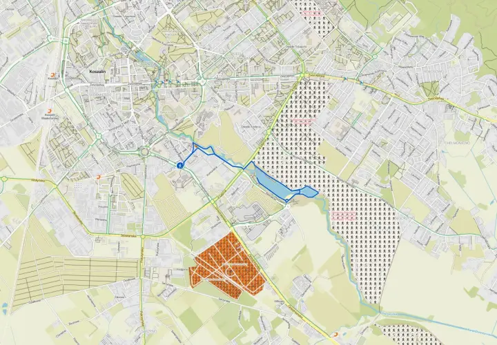 Mapa Koszalina z zaznaczonym osiedlem Gnieźnieńska. Widoczne ulice, parki i budynki.
