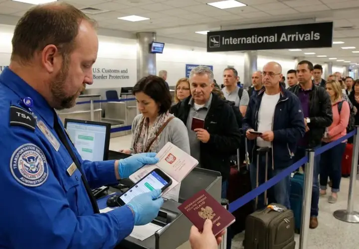 Kontrola paszportowa na lotnisku. Urzędnik sprawdza dokumenty podróżnych, co można wwieźć do USA. Kolejka do odprawy.