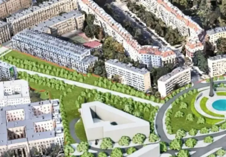 Wizualizacja nowej trasy łazienkowskiej z nowoczesną architekturą i terenami zielonymi.