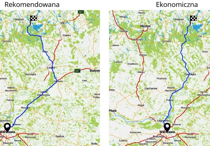 Trasy z Olsztyna do Warszawy: rekomendowana (niebieska) i ekonomiczna (czerwona). Idealne na mikołajki!