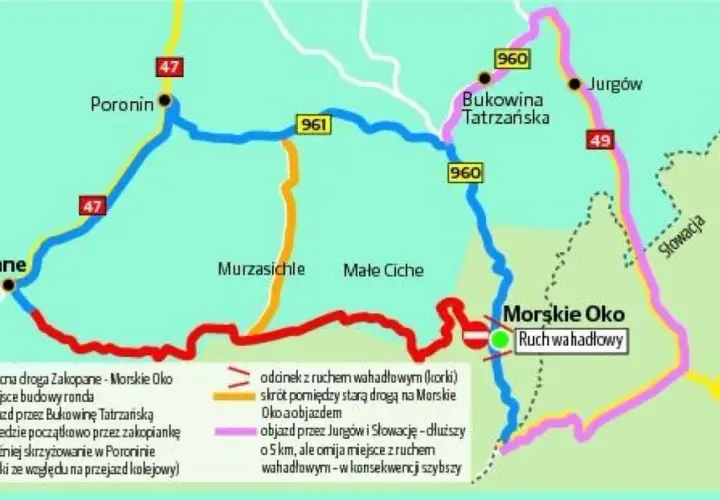 Mapa dróg z Zakopanego do Morskiego Oka. Pokazuje objazdy przez Bukowinę Tatrzańską i Słowację, omijające korki.
