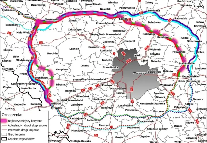 Trasa od Krakowa do Zakopanego, z zaznaczonymi autostradami i proponowanymi korytarzami dróg ekspresowych.
