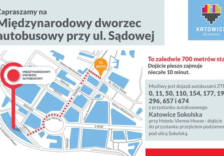 Mapa pokazuje, jak dojechać z dworca w Katowicach na Medyków. Dworzec autobusowy przy ul. Sądowej jest oddalony o 700 metrów.
