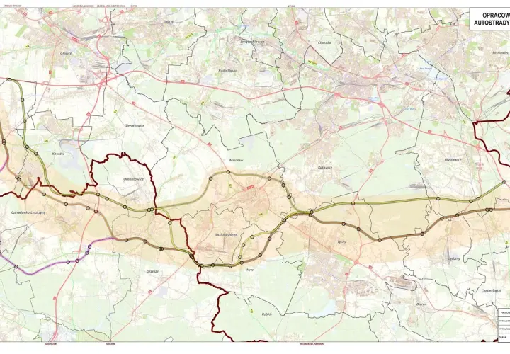 Mapa drogowa z zaznaczoną autostradą A4, pokazująca przebieg od Gliwic przez Zabrze, Katowice, Tychy aż po okolice Krakowa.