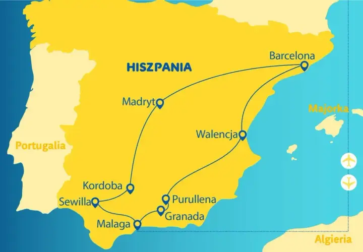 Mapa Hiszpanii z trasą autokaru: Barcelona, Walencja, Madryt, Kordoba, Sewilla, Malaga, Grenada, Purullena. Podróż do Hiszpanii autokarem to przygoda!