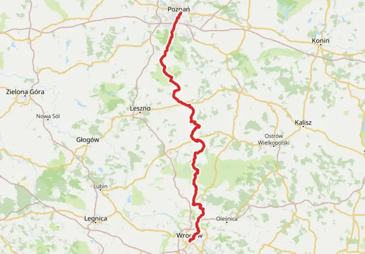 Trasa z Wrocławia do Poznania, zaznaczona na czerwono, przebiega przez Leszno i inne miasta.