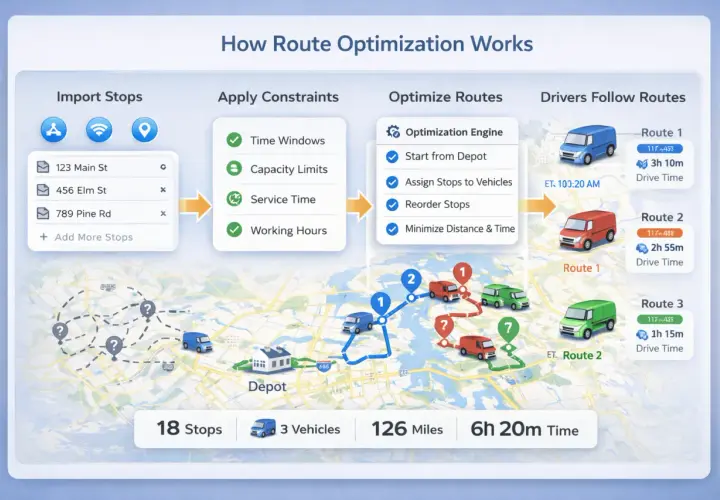 Optymalizacja tras od Rzymu do Rio: importowanie przystanków, ograniczenia, silnik optymalizacji i śledzenie kierowców.