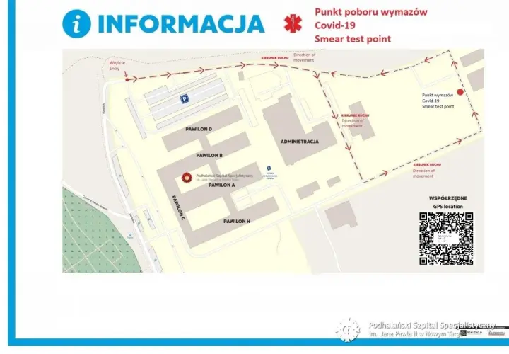 Mapa pokazuje jak dojechać z dworca w Krakowie do szpitala Jana Pawła II w Nowym Targu, wskazując drogę do punktu poboru wymazów Covid-19.
