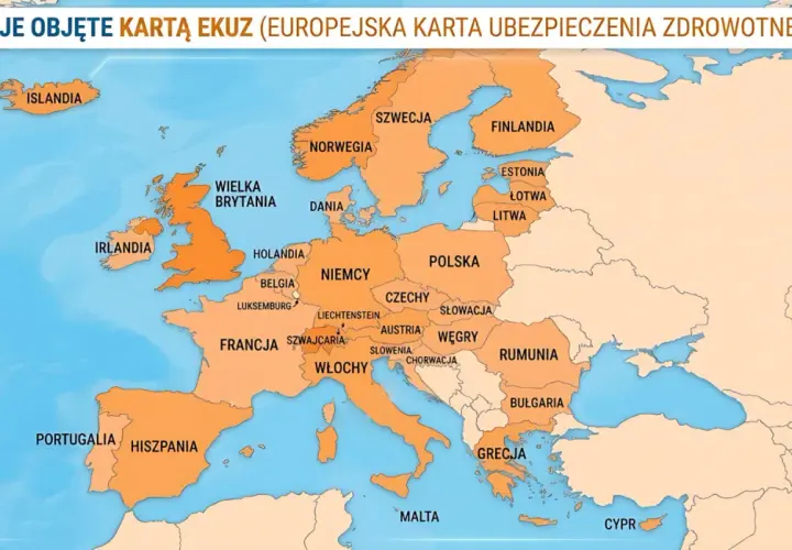 Mapa Europy z zaznaczonymi krajami objętymi EKUZ. Widoczna Norwegia, Szwecja, Finlandia, Polska, Niemcy, Włochy i inne państwa.