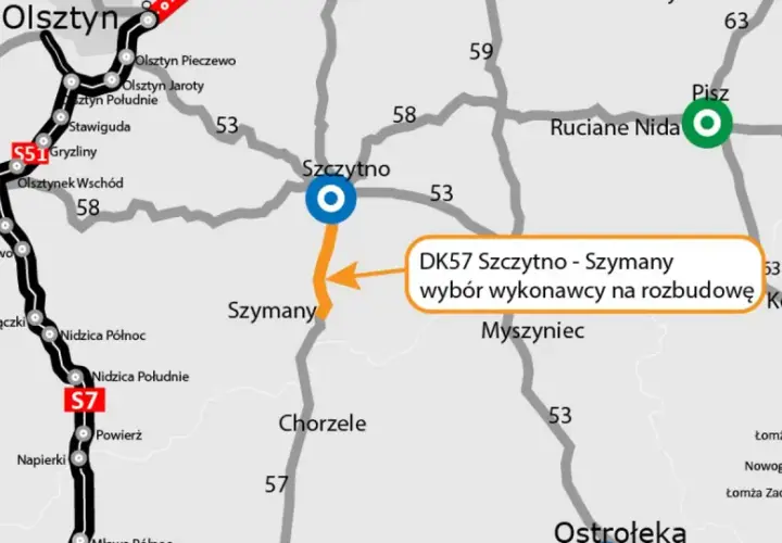 Mapa drogowa z zaznaczonym odcinkiem DK57 Szczytno - Szymany. Widać połączenia z Olsztynem i innymi miastami.