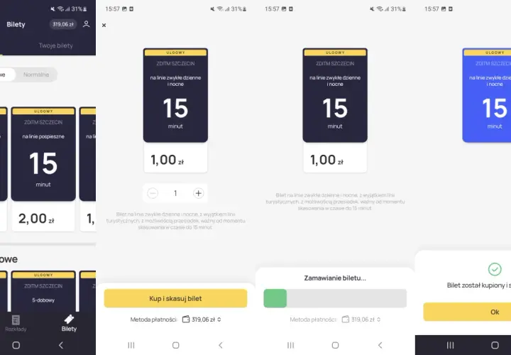 Aplikacja jak dojadę pokazuje zakup biletu 15-minutowego za 1 zł.