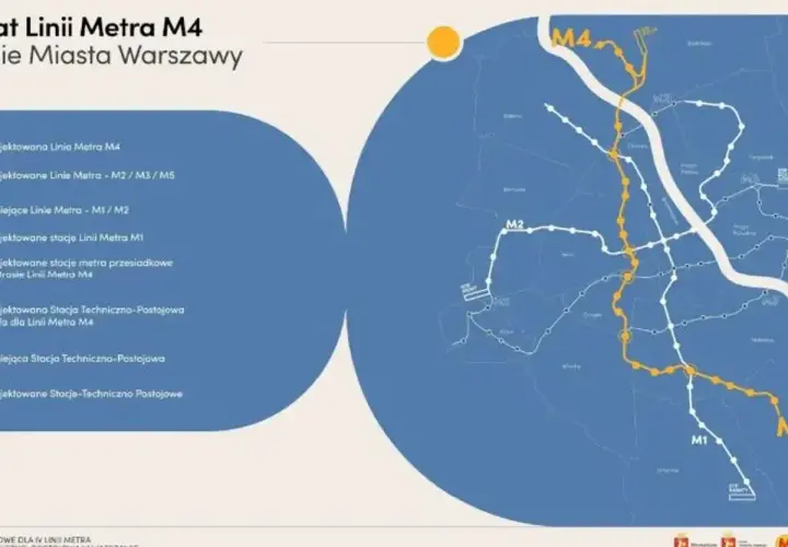 Mapa planowanej 4 linii metra w Warszawie, z zaznaczonymi istniejącymi liniami M1 i M2.