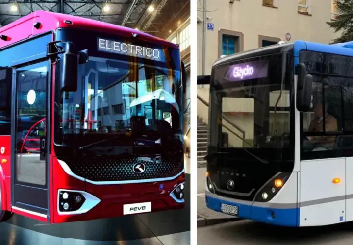 Dwa autobusy, jeden czerwony z napisem "ELECTRICO", drugi biało-niebieski z napisem "Giżycko". Może jeden z nich pojedzie z Krakowa do Bochni?