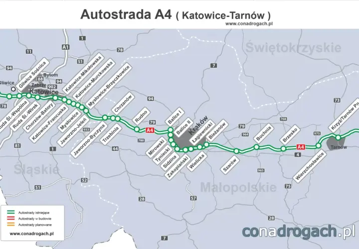 Mapa autostrady A4 od Gliwic przez Katowice do Tarnowa, z zaznaczonymi miastami i węzłami.