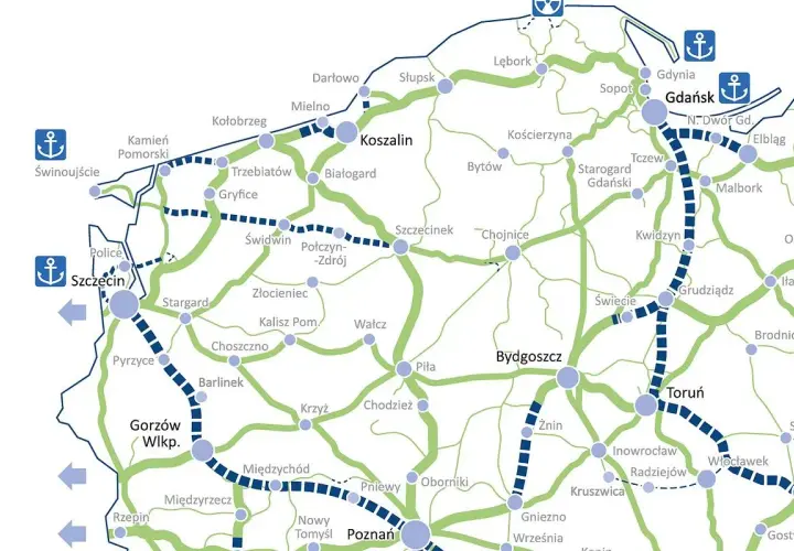Mapa drogowa Polski z zaznaczonymi trasami, w tym **Darłowo trasa** na wybrzeżu. Widoczne miasta: Koszalin, Szczecin, Gdańsk, Poznań.