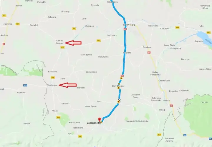 Trasa Zakopane - Kraków: przejazd przez Chochołów, Czarny Dunajec, Nowy Targ. Czas przejazdu zależy od natężenia ruchu.
