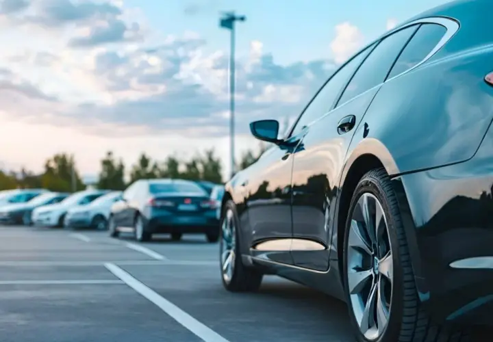 Czarne auto na parkingu, w tle rzędy innych pojazdów. Szukasz aut z Norwegii? Strony z ofertami mogą pomóc.