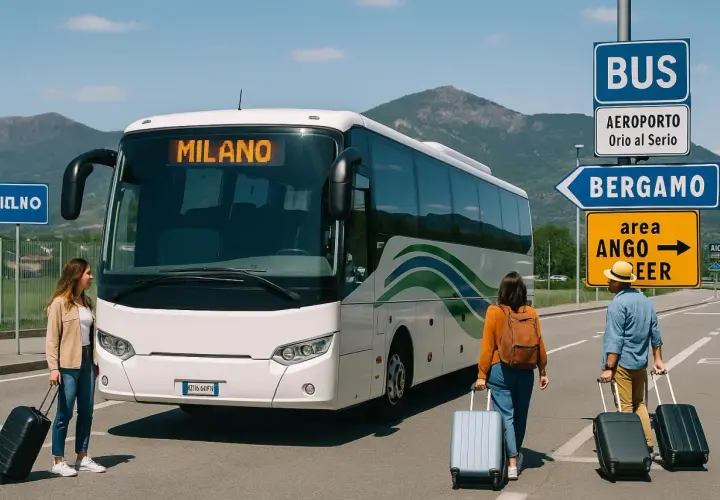 Autobus do Mediolanu czeka na pasażerów. Znak wskazuje drogę do Bergamo i lotniska Orio al Serio.