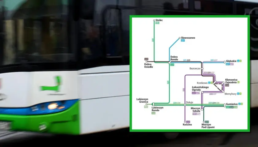 Schemat linii tramwajowych w Szczecinie, w tym linia 58. Widoczny tramwaj w ruchu.