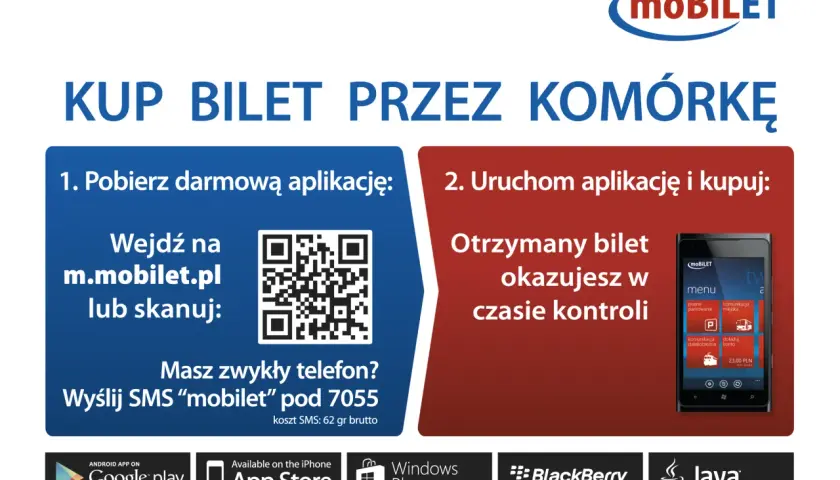 Kup bilet przez komórkę z aplikacją moBiLET. Pobierz ją lub wyślij SMS.