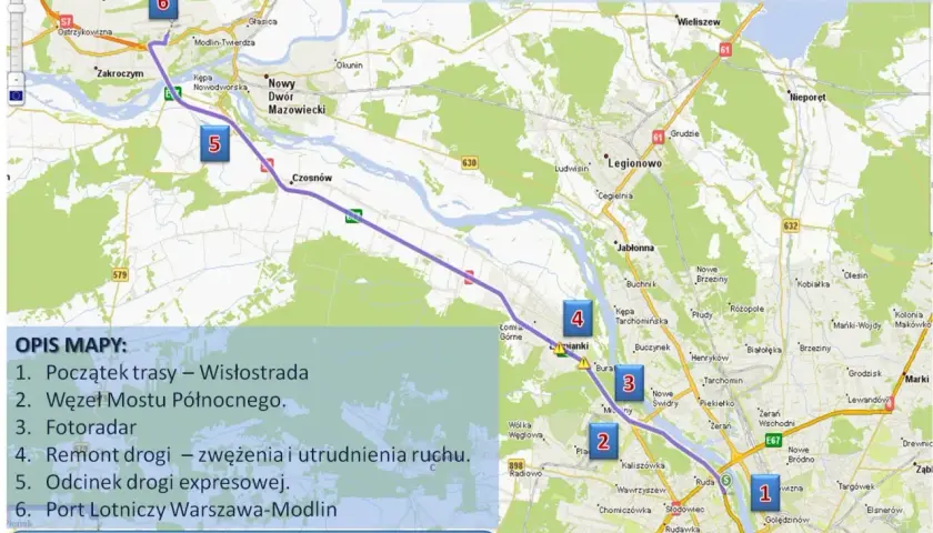 Trasa z Warszawy Centralnej do Modlina, z zaznaczonymi punktami: Wisłostrada, Węzeł Mostu Północnego, fotoradar, remont drogi, odcinek ekspresowy, port lotniczy.