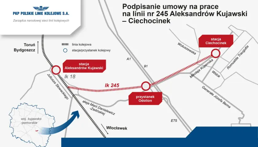 Mapa przedstawia przebieg linii kolejowej nr 245 między Aleksandrowem Kujawskim a Ciechocinkiem, z zaznaczonymi stacjami i przystankami.