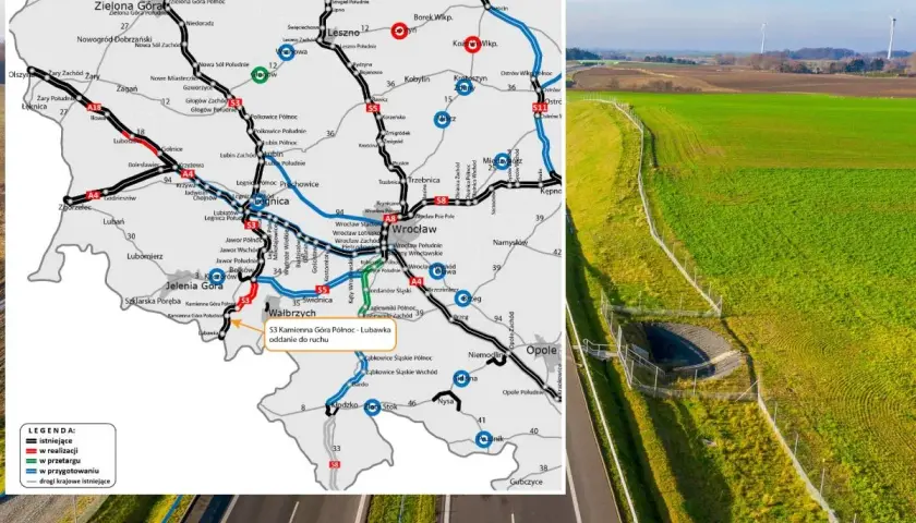 Mapa drogowa Dolnego Śląska z zaznaczoną trasą S3, w tym odcinkiem Kamienna Góra Północ - Lubawka. W tle krajobraz z wiatrakami.