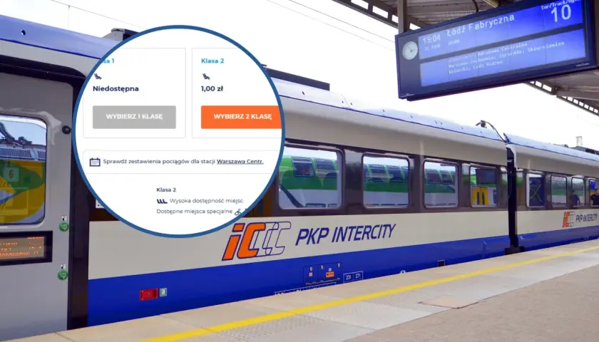 PKP Intercity bilety za 1 zł! Wybierz klasę 2 i podróżuj taniej. Pociąg do Łodzi Fabrycznej czeka na stacji.