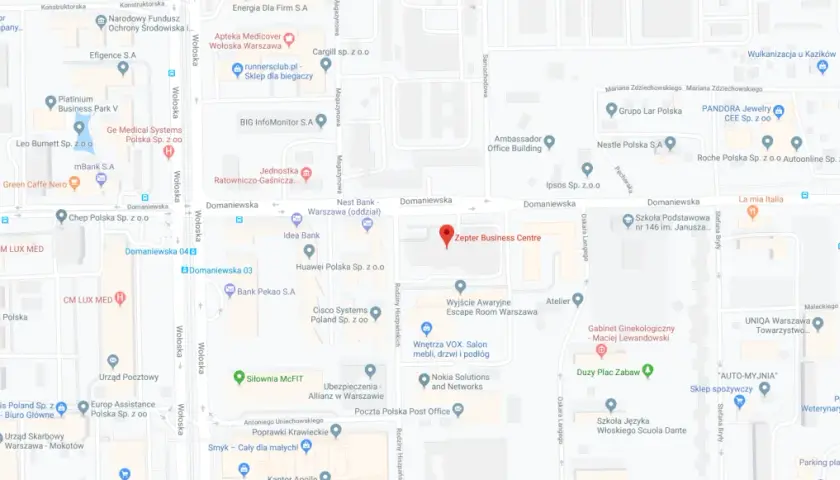 Mapa z zaznaczonym budynkiem Zepter Business Centre i okolicznymi ulicami.