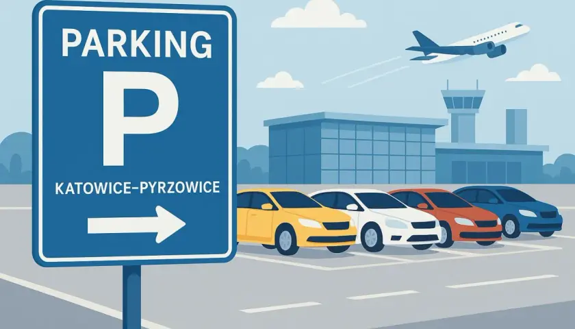 Parking na lotnisku Katowice-Pyrzowice. Samolot startuje nad budynkiem terminala, a przed nim rząd samochodów.
