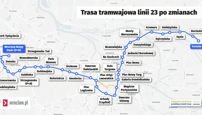Mapa trasy tramwajowej linii 23 we Wrocławiu, pokazująca przystanki od Wrocław Nowy Dwór (P+R) przez Dworzec Świebodzki do Kowale.
