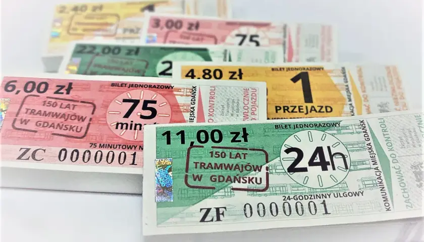 Bilet 24-godzinny Gdańsk, obok innych biletów komunikacji miejskiej.