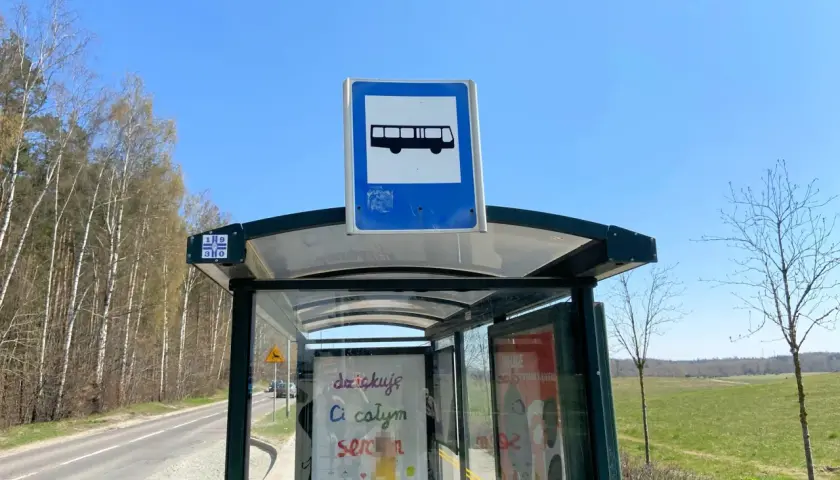 Szklane przystanki autobusowe z tabliczką informującą o transporcie publicznym, otoczone drzewami i zielonym polem.