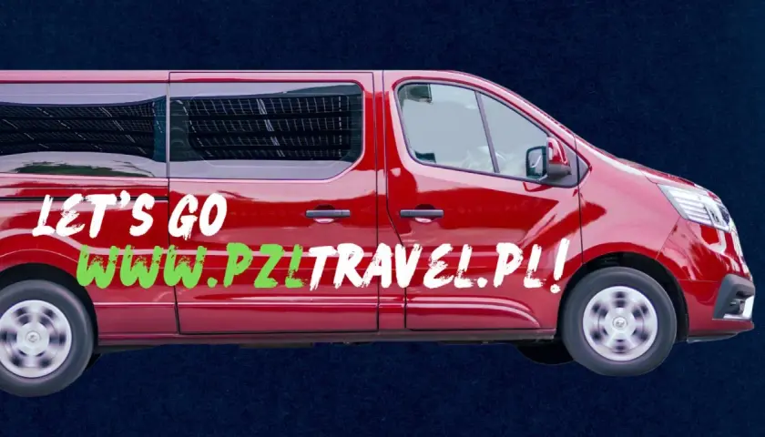 Czerwony bus z napisem "LET'S GO WWW.PZITRAVEL.PL!" zaprasza na podróż do Stuttgartu.